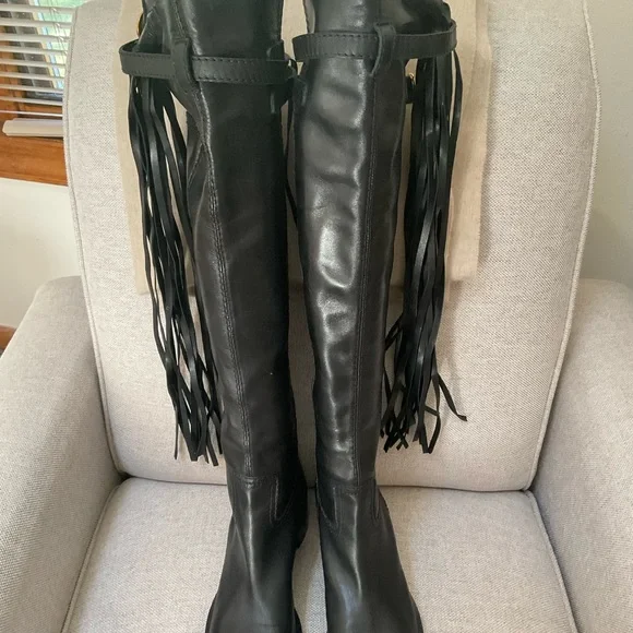 Gucci Devendra Black Leather Over the knee fringe boots, Size